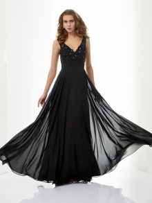 A-Line/Princess V-neck Sleeveless Beading Applique Long Chiffon Dresses