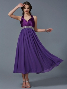 A-Line/Princess Halter Sleeveless Beading Long Chiffon Bridesmaid Dresses