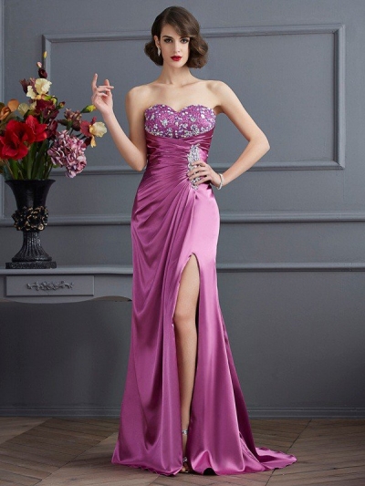 Sheath/Column Sweetheart Sleeveless Beading Long Elastic Woven Satin Dresses [40565]