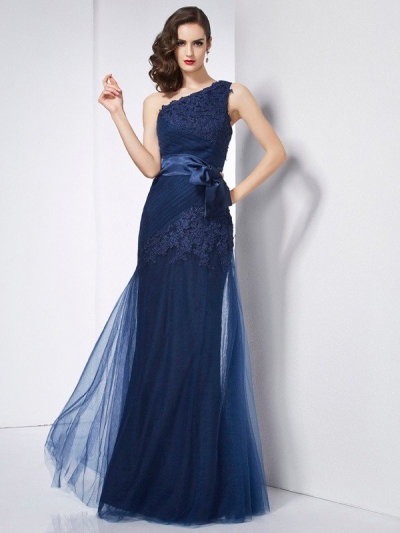 A-Line/Princess One-Shoulder Sleeveless Applique Long Net Dresses [40618]