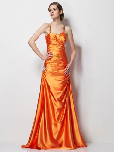 A-Line/Princess Spaghetti Straps Sleeveless Beading Long Elastic Woven Satin Dresses