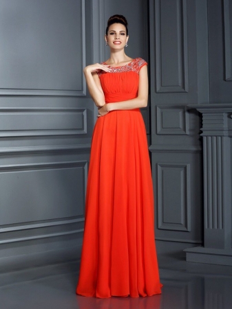 A-Line/Princess Bateau Beading Sleeveless Long Chiffon Dresses