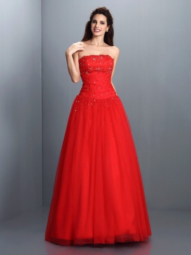 Ball Gown Strapless Beading Sleeveless Long Organza Quinceanera Dresses