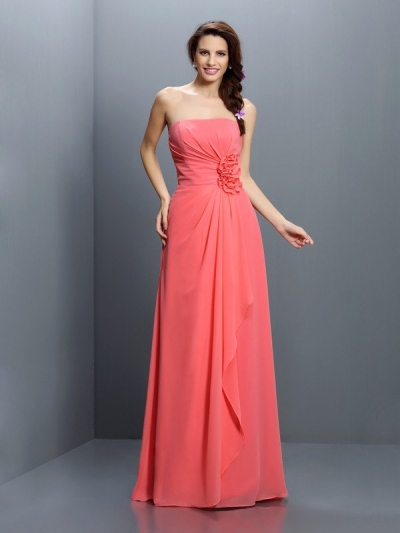 A-Line/Princess Strapless Hand-Made Flower Sleeveless Long Chiffon Bridesmaid Dresses [50414]