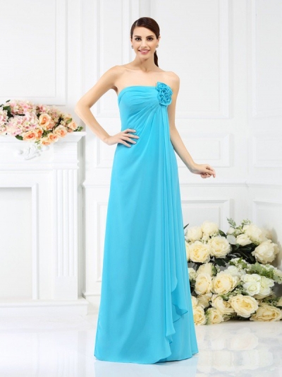 A-Line/Princess Strapless Hand-Made Flower Sleeveless Long Chiffon Bridesmaid Dresses [50592]