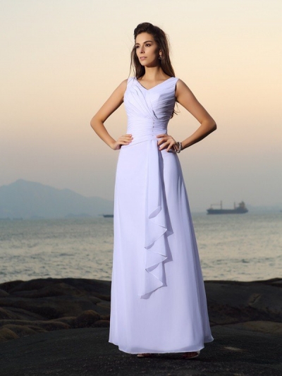 A-Line/Princess V-neck Pleats Sleeveless Long Chiffon Beach Wedding Dresses [50946]