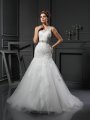 Sheath/Column Scoop Applique Sleeveless Long Net Wedding Dresses