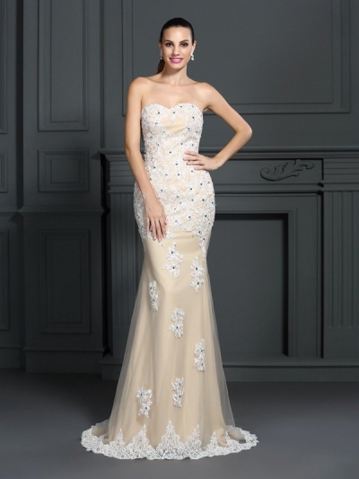 Trumpet/Mermaid Sweetheart Applique Sleeveless Long Chiffon Dresses [51141]