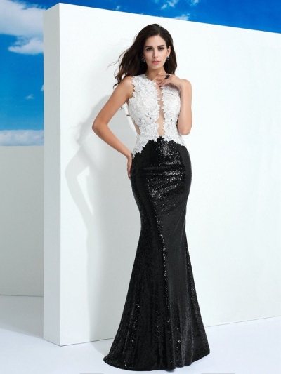 Sheath/Column Scoop Paillette Sleeveless Long Lace Dresses [60062]