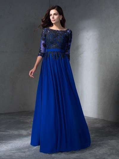 A-Line/Princess Scoop Applique 3/4 Sleeves Long Chiffon Dresses [60077]