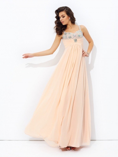 A-line/Princess Spaghetti Straps Beading Sleeveless Long Chiffon Dresses [60109]