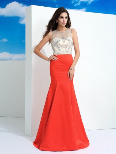 Trumpet/Mermaid Sheer Neck Beading Sleeveless Long Satin Dresses [60157]