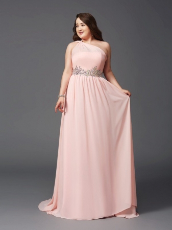 A-Line/Princess One-Shoulder Rhinestone Sleeveless Long Chiffon Plus Size Dresses