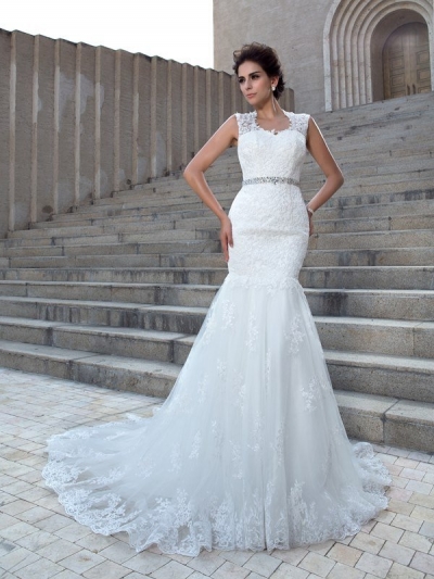 Trumpet/Mermaid V-neck Applique Sleeveless Long Lace Wedding Dresses [60229]