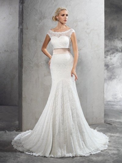 Sheath/Column Sheer Neck Sash/Ribbon/Belt Sleeveless Long Lace Wedding Dresses [60241]