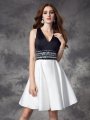 A-line/Princess V-neck Rhinestone Sleeveless Short Satin Dresses