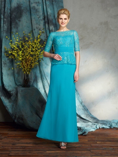 Sheath/Column Bateau Applique 1/2 Sleeves Long Chiffon Mother of the Bride Dresses [60476]