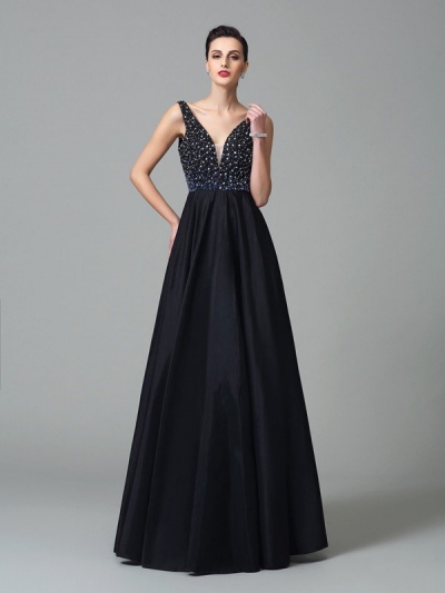 A-Line/Princess Straps Beading Sleeveless Long Taffeta Dresses [60581]