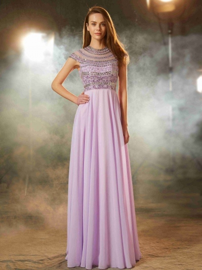 A-Line/Princess Scoop Short Sleeves Floor-Length Beading Chiffon Dresses [70024]