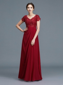 A-Line/Princess V-neck Short Sleeves Ruffles Chiffon Floor-Length Mother of the Bride Dresses