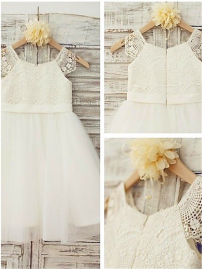 A-line/Princess Scoop Sleeveless Lace Floor-Length Tulle Flower Girl Dresses [EL1605533]