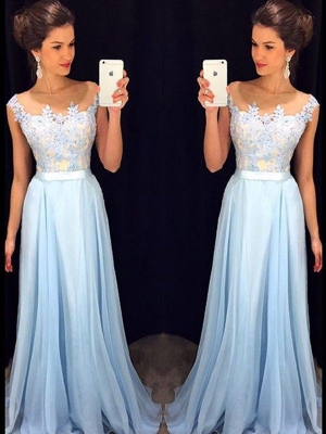 A-Line/Princess Sleeveless Sheer Neck Applique Chiffon Sweep/Brush Train Dresses