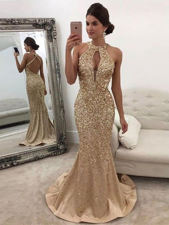 Trumpet/Mermaid Sleeveless Halter Sequin Sweep/Brush Train Satin Dresses