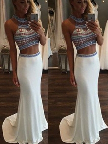 Trumpet/Mermaid Sleeveless Halter Beading Sweep/Brush Train Chiffon Two Piece Dresses