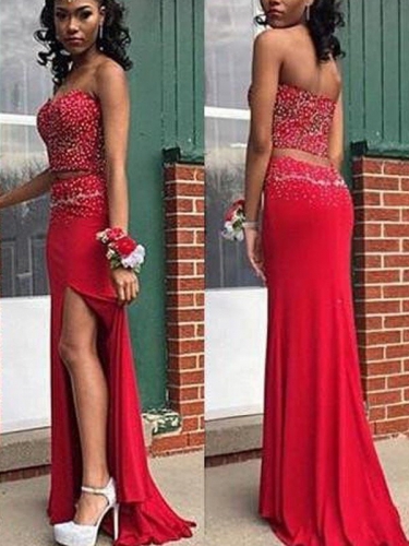 Sheath/Column Sleeveless Sweetheart Sweep/Brush Train Beading Satin Two Piece Dresses