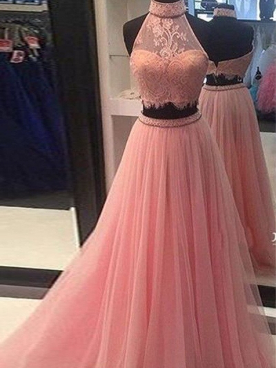 A-Line/Princess Sleeveless High Neck Tulle Lace Floor-Length Two Piece Dresses [PO16033PO566]