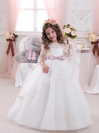 Ball Gown Jewel 1/2 Sleeves Lace Floor-Length Tulle Flower Girl Dresses