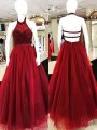 Ball Gown Sleeveless Halter Beading Floor-Length Tulle Dresses