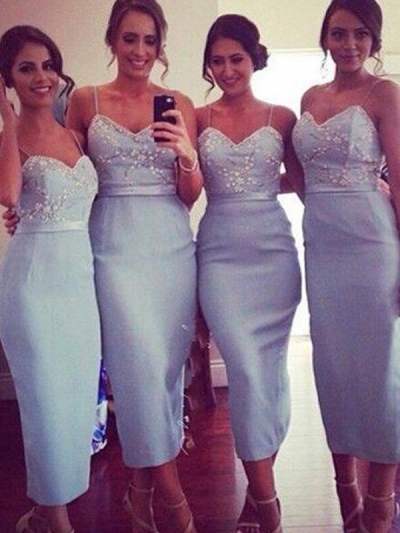 Sheath/Column Spaghetti Straps Sleeveless Satin Knee-Length Bridesmaid Dresses [PON1506EV756]