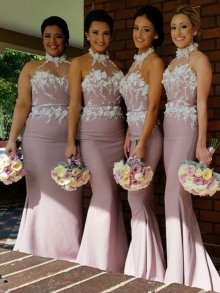 Trumpet/Mermaid Halter Sleeveless Satin Floor-Length Bridesmaid Dresses