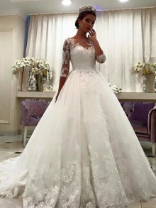 Ball Gown Bateau 3/4 Sleeves Lace Court Train Tulle Wedding Dresses