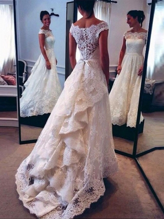 A-Line/Princess Scoop Lace Court Train Sleeveless Wedding Dresses