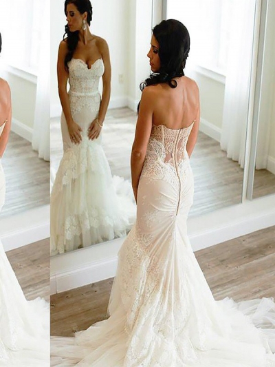 Trumpet/Mermaid Sweetheart Court Train Lace Tulle Sleeveless Wedding Dresses [PON1506EV966]