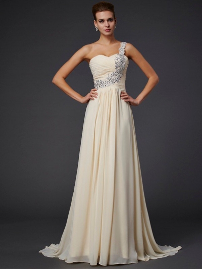 A-Line/Princess One-Shoulder Sleeveless Beading Applique Long Chiffon Dresses [40024]