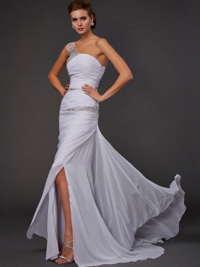 Sheath/Column Sleeveless One-Shoulder Beading Long Chiffon Dresses [40049]