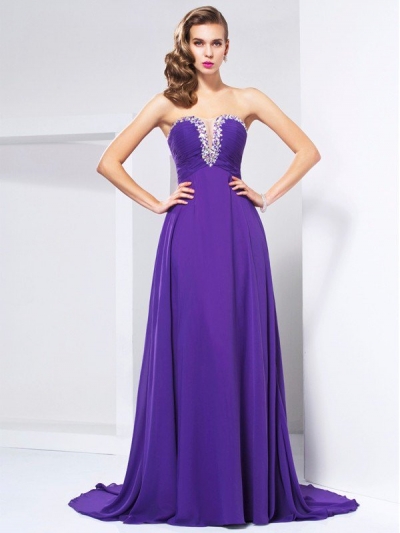 A-Line/Princess Sweetheart Sleeveless Beading Ruched Long Chiffon Dresses [40074]