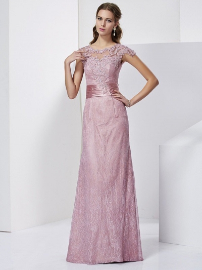 Sheath/Column High Neck Short Sleeves Lace Long Elastic Woven Satin Mother of the Bride Dresses [40127]