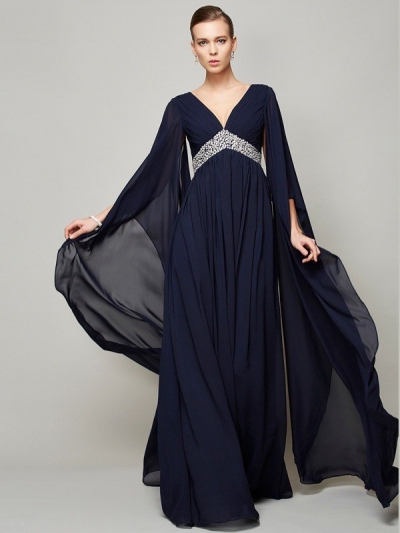 A-Line/Princess V-neck Long Sleeves Beading Long Chiffon Dresses [40143]