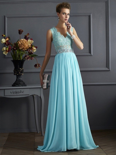 A-Line/Princess Straps Sleeveless Beading Lace Long Chiffon Dresses [40301]