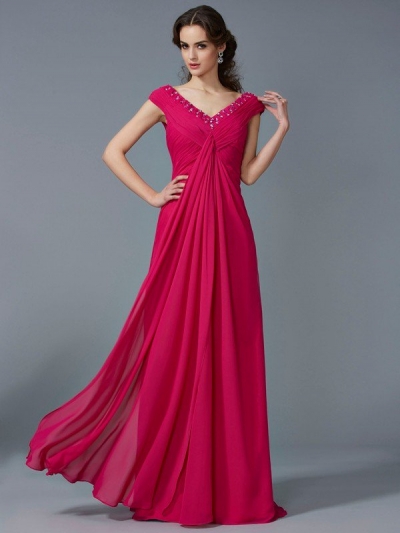 A-Line/Princess Beading V-neck Short Sleeves Long Chiffon Dresses