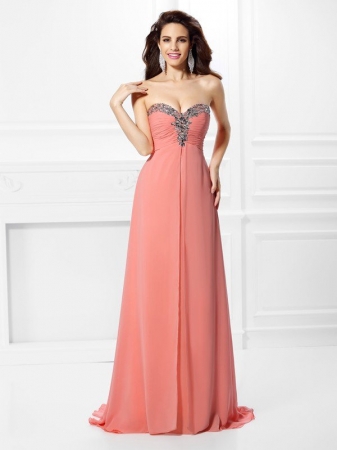 A-Line/Princess Sweetheart Beading Sleeveless Long Chiffon Dresses