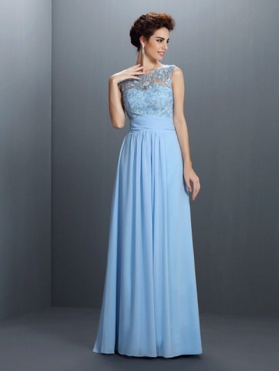 A-Line/Princess Bateau Applique Sleeveless Long Chiffon Dresses