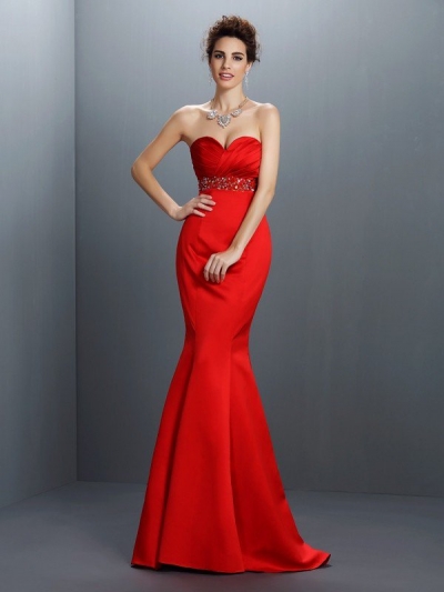 Trumpet/Mermaid Sweetheart Beading Sleeveless Long Satin Dresses [50089]