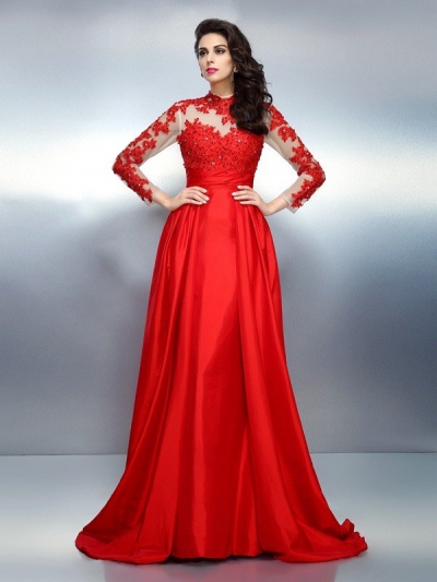 A-Line/Princess High Neck Applique Long Sleeves Long Satin Dresses [50132]