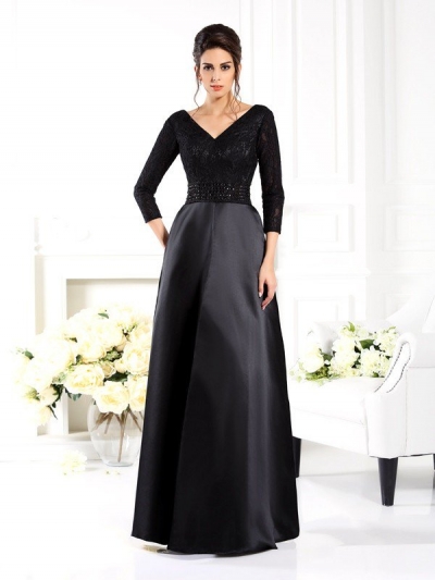 A-Line/Princess V-neck Beading 3/4 Sleeves Long Satin Mother of the Bride Dresses [50200]