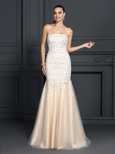 Trumpet/Mermaid Strapless Lace Sleeveless Long Satin Dresses [50266]